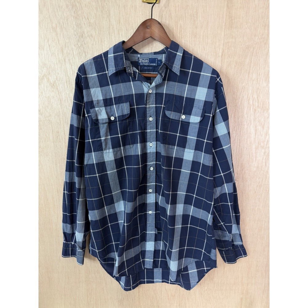 Polo Ralph Lauren Mens Large Blue Plaid Cotton Button Down Shirt Long Sleeve